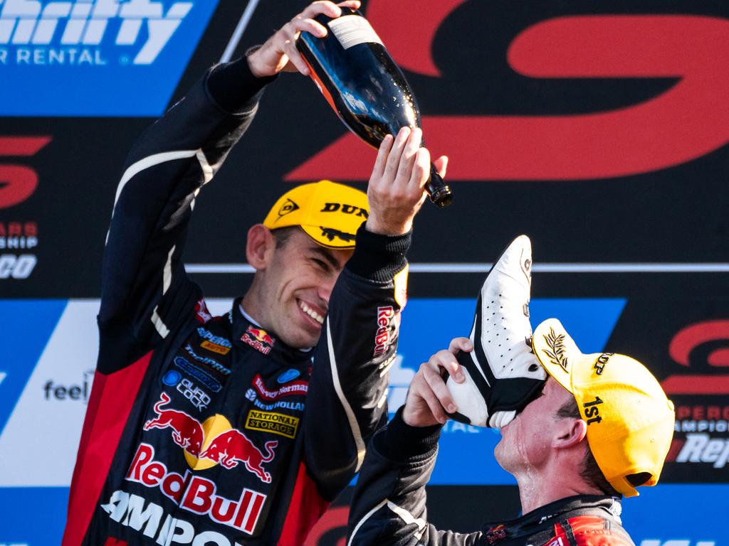 BATHURST, AUSTRALIA - FEBRUARY 25: (L-R) Broc Feeney driver of the #88 Red Bull Ampol Racing Chevrolet Camaro ZL1 and Will Brown driver of the #87 Red Bull Ampol Racing Chevrolet Camaro ZL1 during race 2 of the Bathurst 500, part of the 2024 Supercars Championship Series at Mount Panorama, on February 25, 2024 in Bathurst, Australia. (Photo by Daniel Kalisz/Getty Images)