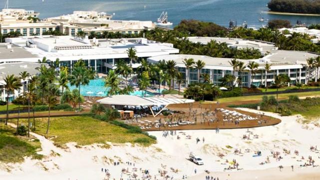 Artist impression of Star Entertainment Group's proposed beach club which was developed as a concept prior to the Commonwealth Games. This image shows the preliminary concept of a permanent beach club outside the Sheraton Mirage.