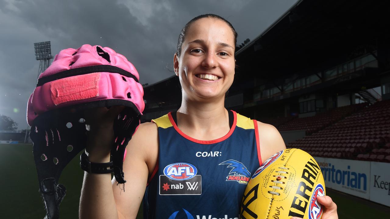 Former Adelaide Crows player Heather Anderson with her trademark pink helmet.