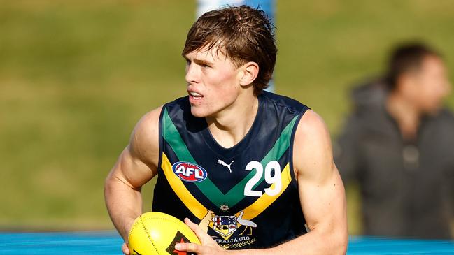 Daniel Curtin of the AFL Academy in action during the match between the AFL Academy and Port Adelaide Magpies at Summit Sports Park on April 15, 2023 in Adelaide, Australia. (Photo by Michael Willson/AFL Photos via Getty Images)