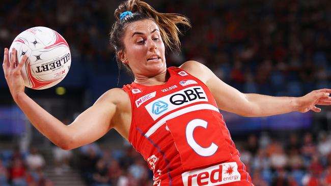 Maddy Proud of the Swifts catches the ball during the round nine Super Netball match between NSW Swifts and Adelaide Thunderbirds. Photo: Getty Images