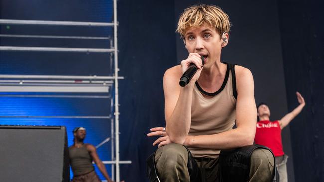 Australian singer-songwriter Troye Sivan performs on stage at Northside music festival in the nature and event area of Eskelunden in Aarhus, Denmark, on June 6, 2024. (Photo by Helle Arensbak / Ritzau Scanpix / AFP) / Denmark OUT