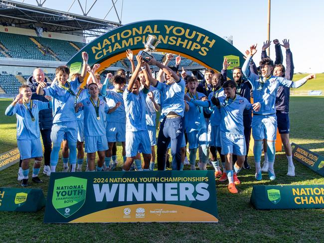 Jul 21: Match action in the 2024 National Youth Championships U16 Boys Champions NSW Metro Sky at Win Stadium (Photos: Damian Briggs/Football Australia)