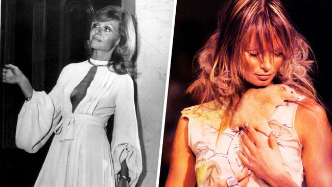 Designer Carla Zampatti in 1972 and a model with a rat on the Tsubi runway in 2001