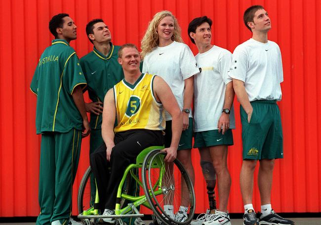 The July 2000 launch of the Olympic competition uniforms in Sydney. Nicholas Maroney, Simon Isaac, Sachs, Katrina Webb, Stephen Wilson, and Ben Austin. Picture: Jeff Darmanin