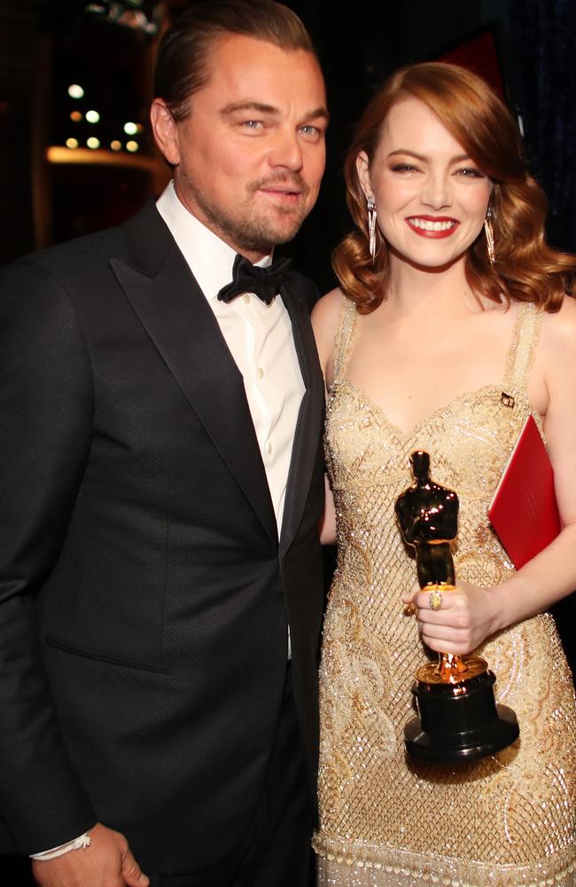 Leonardo DiCaprio presented Emma Stone with the Best Actress Oscar. Picture: Christopher Polk/Getty Images/AFP