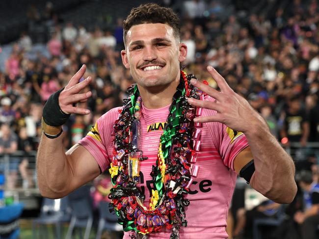 SYDNEY, AUSTRALIA - OCTOBER 06:  Nathan Cleary of the Panthers celebrate after winning the 2024 NRL Grand Final match between the Melbourne Storm and the Penrith Panthers at Accor Stadium on October 06, 2024, in Sydney, Australia. (Photo by Cameron Spencer/Getty Images)