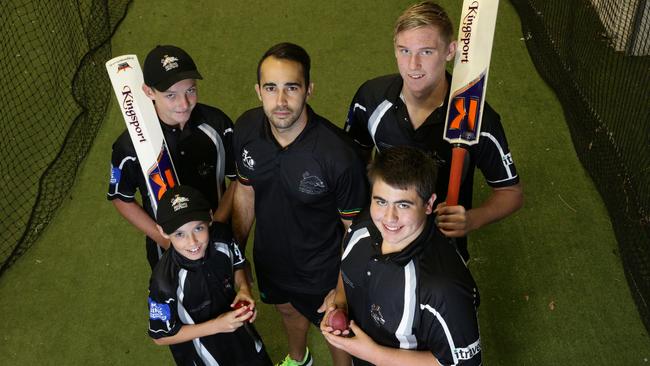 Josh Lalor with new academy members Ben Tracey, 12, Luke Gale, 13, Lindsay Smith, 15 and Trent Weir, 15. (Matt Sullivan)