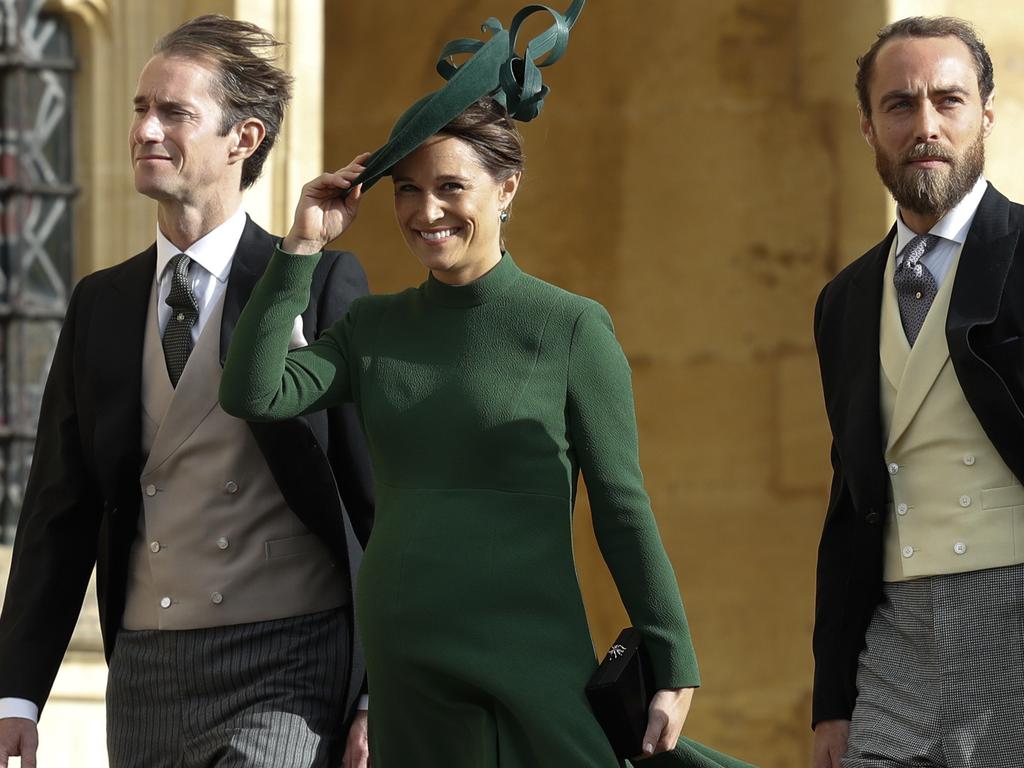 Pippa Matthews, centre, James Matthews, Centre Left, and James Middleton, second right, arrive to attend the wedding of Princess Eugenie of York and Jack Brooksbank. Picture: AP