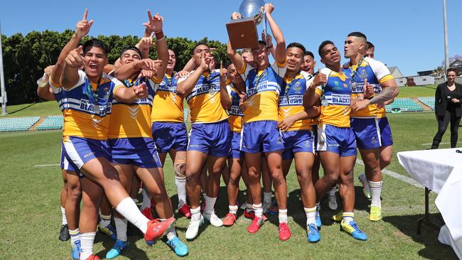 Patrician Brothers Blacktown players celebrating their win of the 2020 NRL Schoolboy Cup grand final. Picture: Richard Dobson