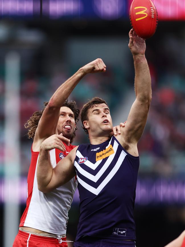 Sean Darcy dominated Tom Hickey in the ruck. Picture: Matt King/Getty Images