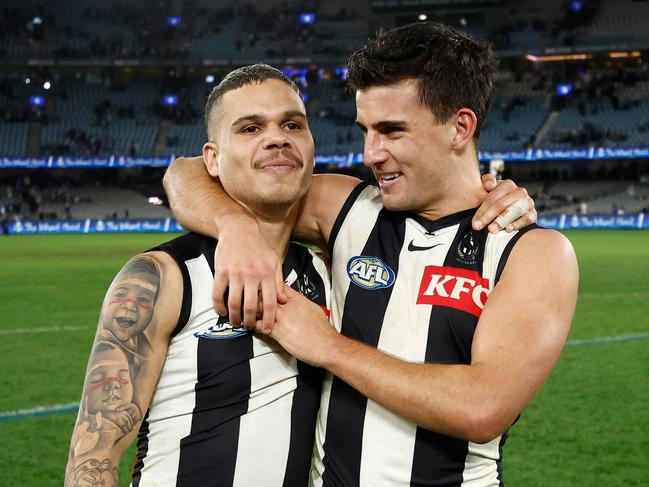 MELBOURNE, AUSTRALIA – JUNE 16: Bobby Hill of the Magpies and Nick Daicos of the Magpies celebrate during the 2024 AFL Round 14 match between the North Melbourne Kangaroos and the Collingwood Magpies at Marvel Stadium on June 16, 2024 in Melbourne, Australia. (Photo by Michael Willson/AFL Photos via Getty Images)