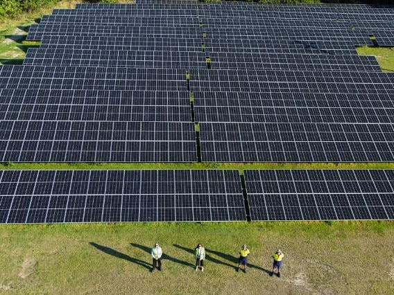 Tweed Shire Council staff stand proud in front of the Tweed’s biggest solar array, housed at the Banora Point Wastewater Treatment Plant.