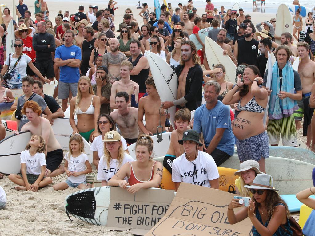 Protest at Burleigh against an oil company drilling in the Great Australian Bight. Pic Mike Batterham.