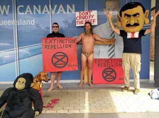 Sunny dog, Chris Hooper, Chris Houghton and Graeme Dunstan protesting in front of Senator Matt Canavan's office.. Picture: Contributed