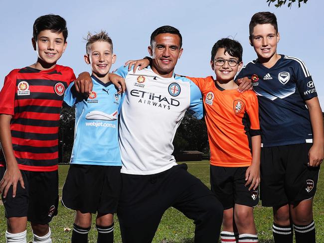 HOLD DO NOT USE WITHOUT PERMISSION FROM DAILY TELEGRAPH SPORTS EDITOR ADAM MOBBS - Tim Cahill with young soccer players Jackson Gursoy, Toby Ashton, Zavi Gursoy and Josh Ashton at Lakeside Oval, Sydney. Picture: Brett Costello