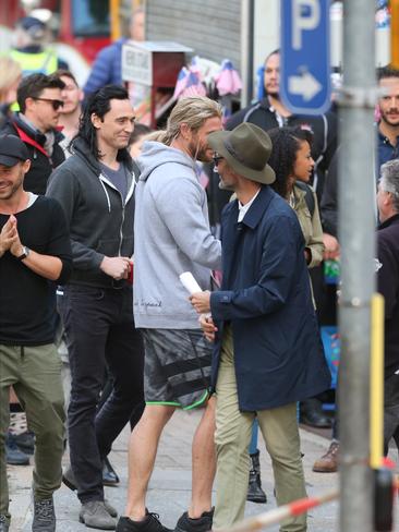 Actors Tom Hiddleston and Chris Hemsworth on the production set of Thor in Brisbane. Picture: Jack Tran