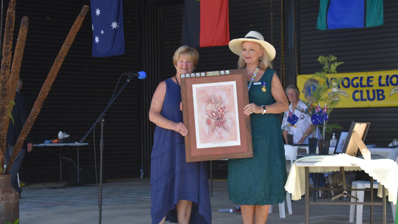 Australia Day ambassador Lyndey Milan presents the Citizen of the Year award to Kay Noonan at the 2021 Kygole Australia Day ceremony.