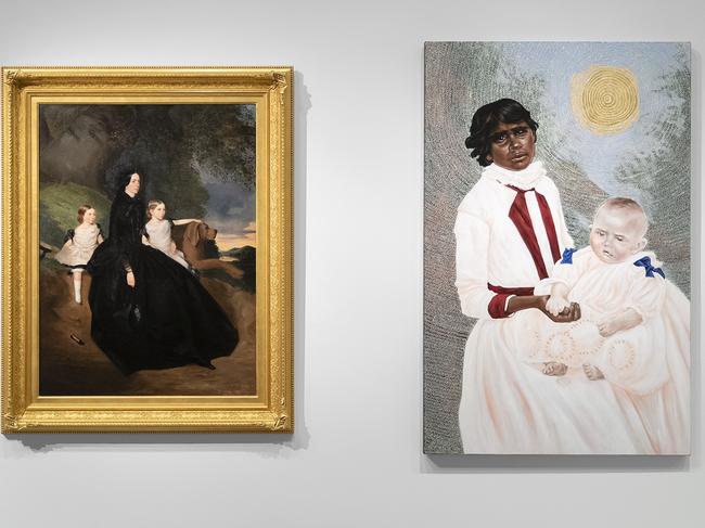 Install shot from Belonging at the National Gallery of AustraliaLeft: Robert Dowling, Jane Sceales with daughters, Mary Jane and Hilda 1856, oil on canvas, Purchased 2016. Acquired through the family of Ella Lewis (nee Hood), granddaughter of Jane Hood (nee Sceales), National Gallery of Australia, Canberra.    Right: Julie Dowling (Badimaya/Yamatji/Widi peoples), The nurse maid (Biddy) 2005, synthetic polymer paint, plastic, gold leaf on canvas, Purchased 2006 © Ms Julie Dowling, National Gallery of Australia, Canberra.