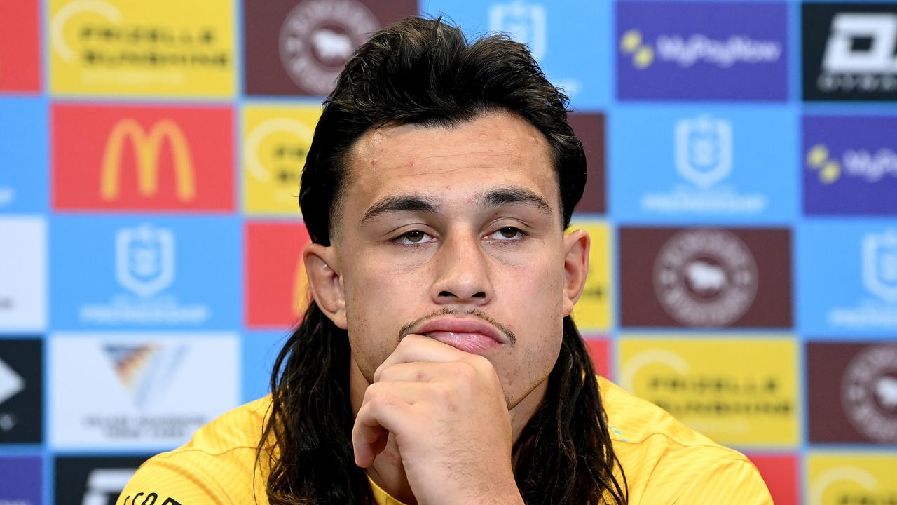 BRISBANE, AUSTRALIA - APRIL 23: Tino Fa'asuamaleaui of the Titans looks dejected at a post match press conference after the round eight NRL match between the Dolphins and Gold Coast Titans at Suncorp Stadium on April 23, 2023 in Brisbane, Australia. (Photo by Bradley Kanaris/Getty Images)