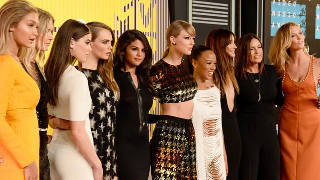 The Swift girl squad: Gigi Hadid, Martha Hunt, Hailee Steinfeld, Cara Delevingne, Selena Gomez, Taylor Swift, Serayah McNeill, Lily Aldridge, Mariska Hargitay and Karlie Kloss. Picture: Frazer Harrison/Getty Images