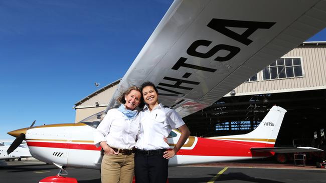 Sandra Southwell, left, with fellow pilot Jodee Roberts. Both were involved in a relay flight of female pilots around Australia. Picture: NIKKI DAVIS-JONES