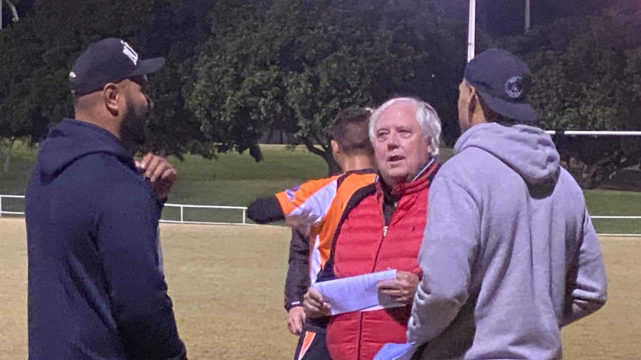 Tony Williams chats with Clive Palmer and Israel Folau at Southport Tigers training. Picture: Nic Darvenzia