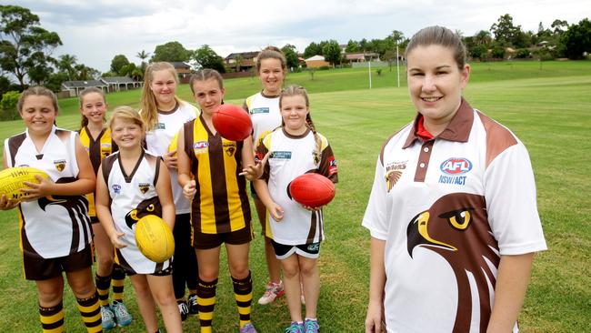 Coach Jana Webb with Hawks players Zenae Pavell, Maddy Smith, Tahnee Sparks, Shayla Cromie, Natasha Gold-Smith, Ashleigh Cooper and Kirilee Stanmore.