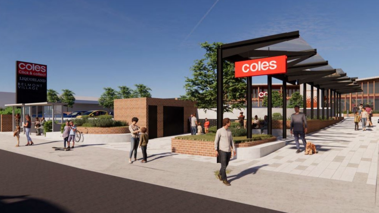 Plans for a redeveloped Coles in Belmont include landscaping and an undercover walkway.