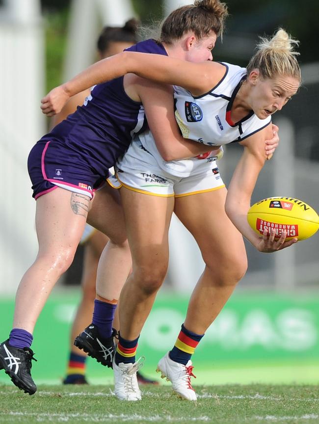 Adelaide defender Marijana Rajcic gets her handball away during the Crows’ AFLW win over Fremantle. Picture: Sean Garnsworthy/AFL Media/Getty Images