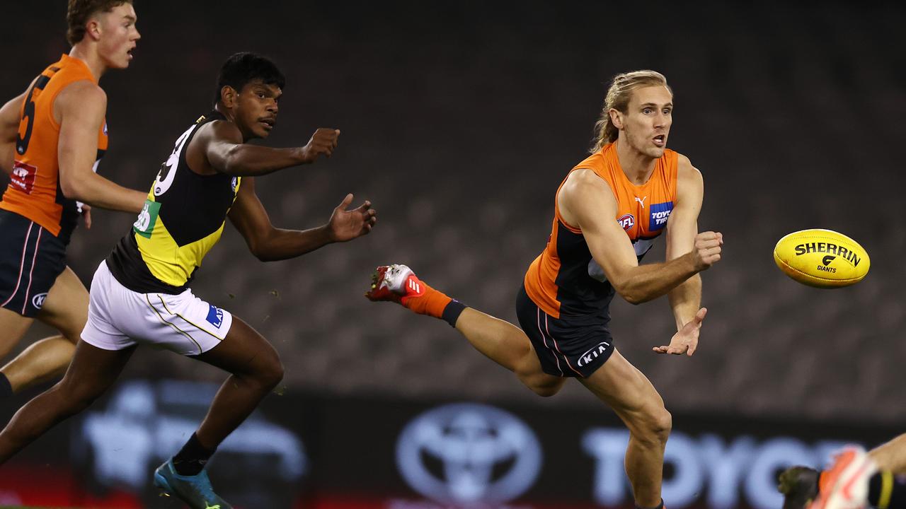 Nick Haynes (right) is a welcome defensive addition for the Giants’ clash with Richmond. Picture: Michael Klein