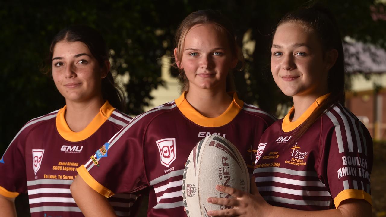 Southern Cross Catholic College is sending a girls' team to the first Confraternity Shield rugby league carnival to feature a girls' division. Remi Bishop, 16, Ella Whittle, 16, and Tyler Shaw, 17. Picture: Evan Morgan