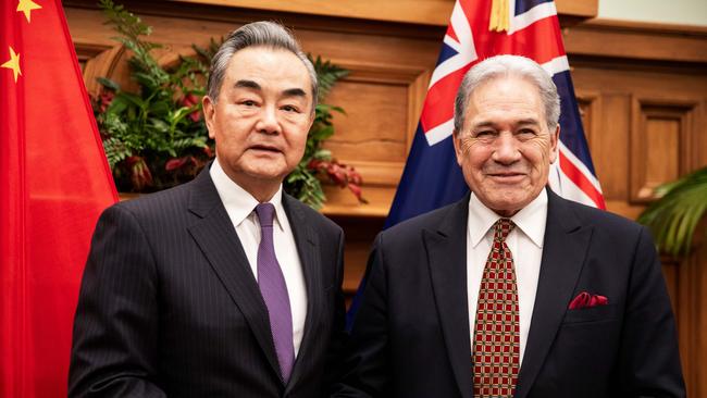 Chinese Foreign Minister Wang Yi with New Zealand Foreign Affairs Minister Winston Peters in Wellington. Picture: Getty Images.