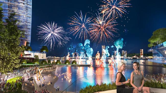 Artist's impression showing locals and visitors enjoying a multimedia theatre performance at the waterfront amphitheatre