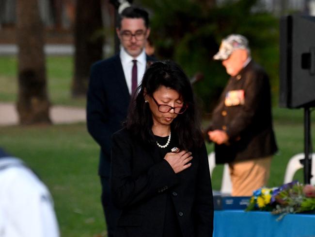 Dawn Service at Anzac Park for 83rd commemoration of Battle of Coral Sea. Consulate General Sydney head of public affairs Li Ping Lo. Picture: Evan Morgan.