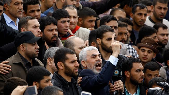 Yahya Sinwar (C) shouting slogans as he took part in a tent city protest near the border with Israel east of Jabalia in 2018. Picture: Mohammed Abed / AFP