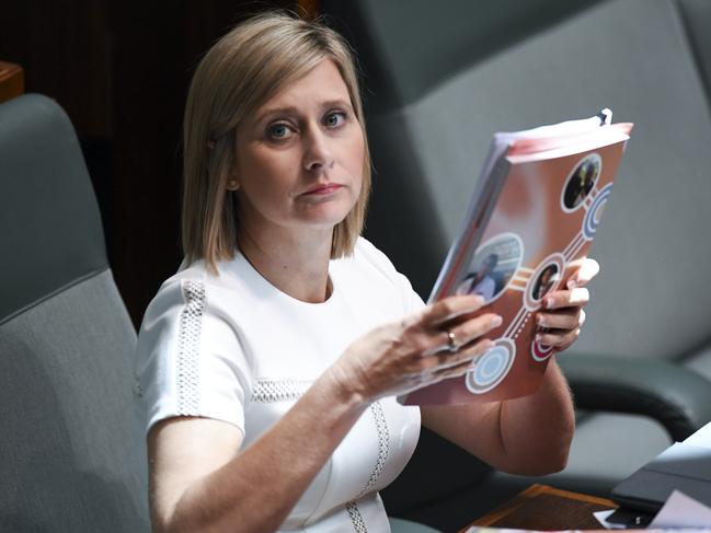 Labor backbencher Susan Lamb reacts during House of Representatives Question Time at Parliament House in Canberra, Tuesday, February 13, 2018.  (AAP Image/Lukas Coch) NO ARCHIVING