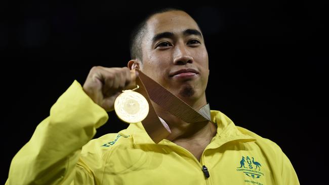 Happier times for Chris Remkes after winning vault gold at last year’s Gold Coast Commonwealth Games. Picture: AFP Photo/ Ye Aung Thu