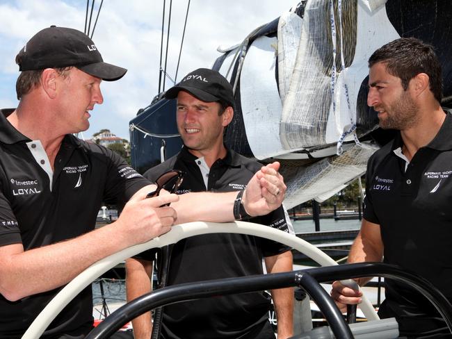 Got it skipper ...  Bell with Karl Stefanovic and Anthony Minichiello (right), aboard Investec Loyal prior to competing in the 2011 Sydney to Hobart, which Bell won.