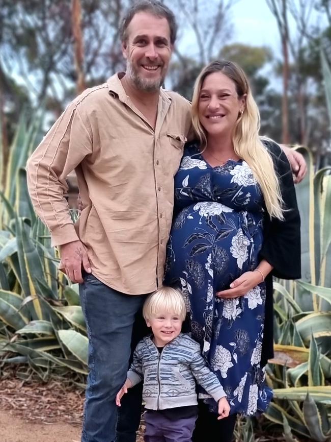 Heather Sherwell, with her partner Nathan Coffey and son Arlo Coffey. She is one of many people in regional Victoria worried for the future in the wake of limited regional childcare options. Picture: Supplied.