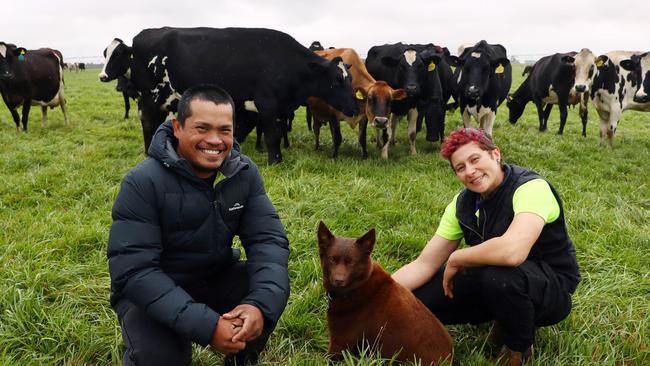 Skilled migrants Bellmar Deloso from The Philippines and Claudia Klunker from Germany at Alanvale Dairy in Victoria. Picture: Aaron Francis