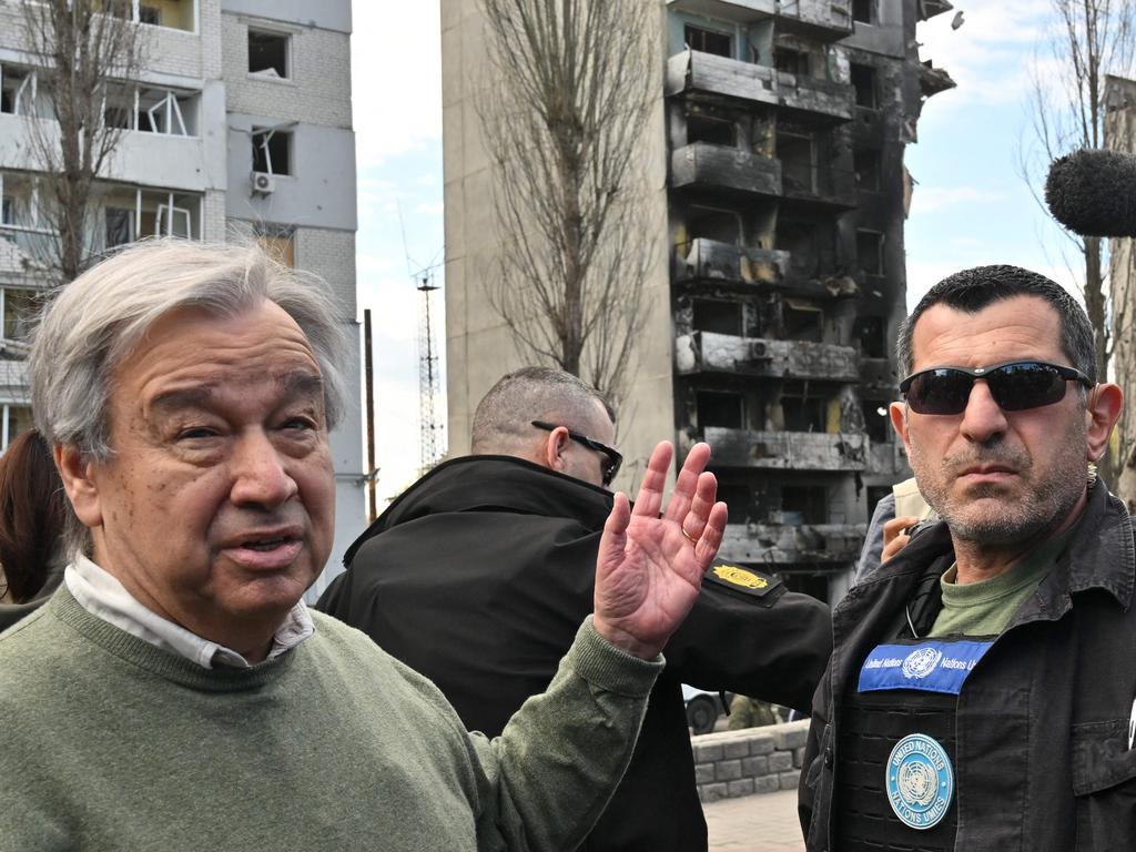 UN Secretary-General Antonio Guterres during his visit to Borodianka, outside Kyiv. Picture: AFP