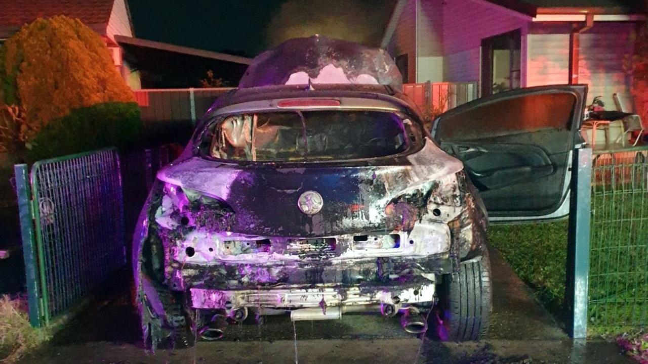 The car that was firebombed in the driveway of Lyzwa’s mother’s home. Picture: NSW Police