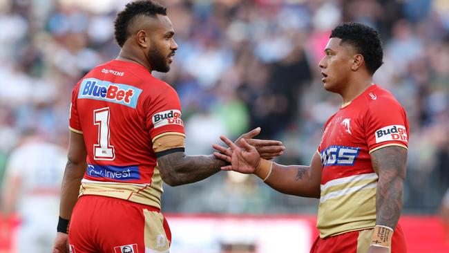 Hamiso Tabuai-Fidow and Tesi Niu (right) impressed for the Dolphins. (Photo by Will Russell/Getty Images)