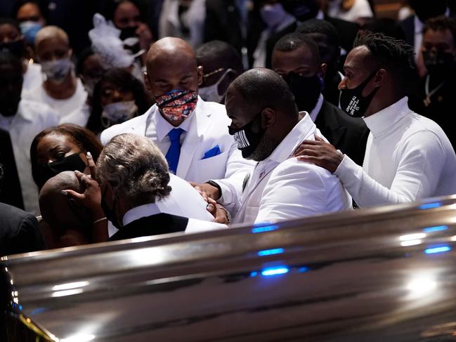 Philonise Floyd, brother, of George Floyd pauses at the casket during the funeral. Picture: AFP