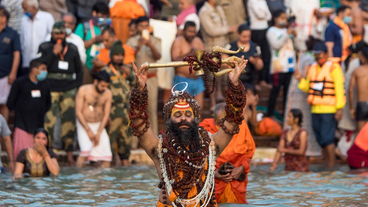 A Sadhu bathes in the Ganges river during the Kumbh Mela festival, in Haridwar on April 12. Picture: Xavier Galiana/AFP