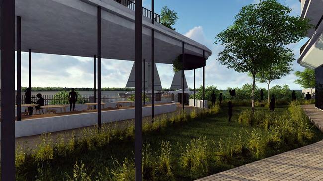 An artist’s impression of the public riverside parkland providing greater public access to the Brisbane River.