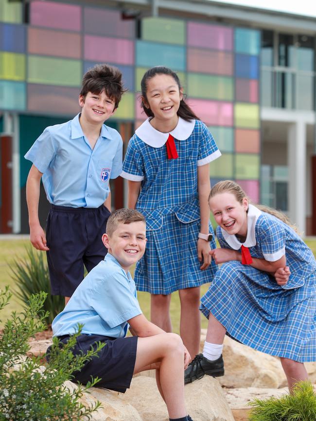 Eli Pakula, 11, Ben Patane, 10, Fiona Yan, 10, and Isabelle Cook, 10, at Oran Park Anglican College. Picture: Justin Lloyd