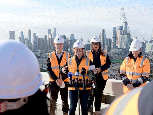 Victorian Premier Jacinta Allan was making an announcement about the West Gate Tunnel Project at Footscray. Picture: NewsWire / Andrew Henshaw