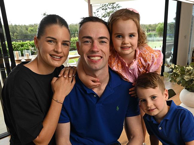 30/9/2024:  Pro jockey Jimmy Orman and his family, wife Heidi, Floyd 4 and Hallie 3 at the home they are selling in Nudgee, Brisbane .pic: Lyndon Mechielsen/Courier Mail
